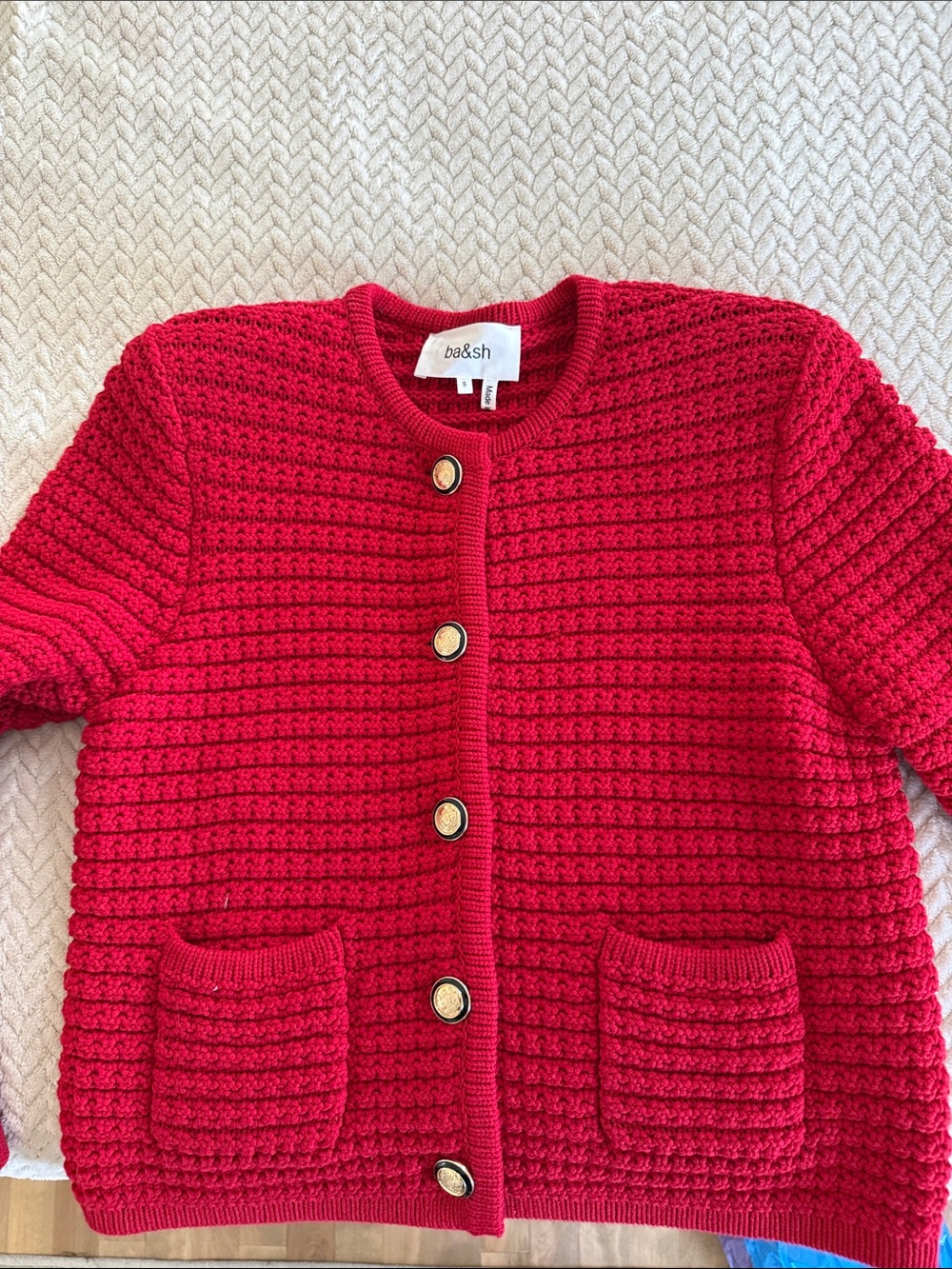 ba&sh Bright Red Textured Knit Cardigan with Gold Buttons